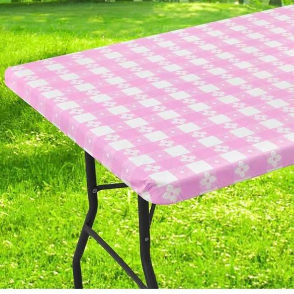 Rectangle Vinyl Table Cloth, Waterproof Elastic Fitted Tablecloth Pink Plaid